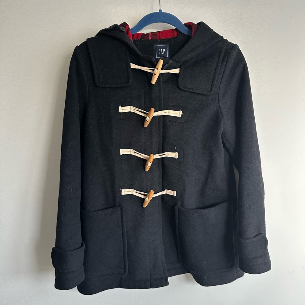 GAP Y2K Wool Blend Hooded Black Duffle Coat with Plaid Lining size S
